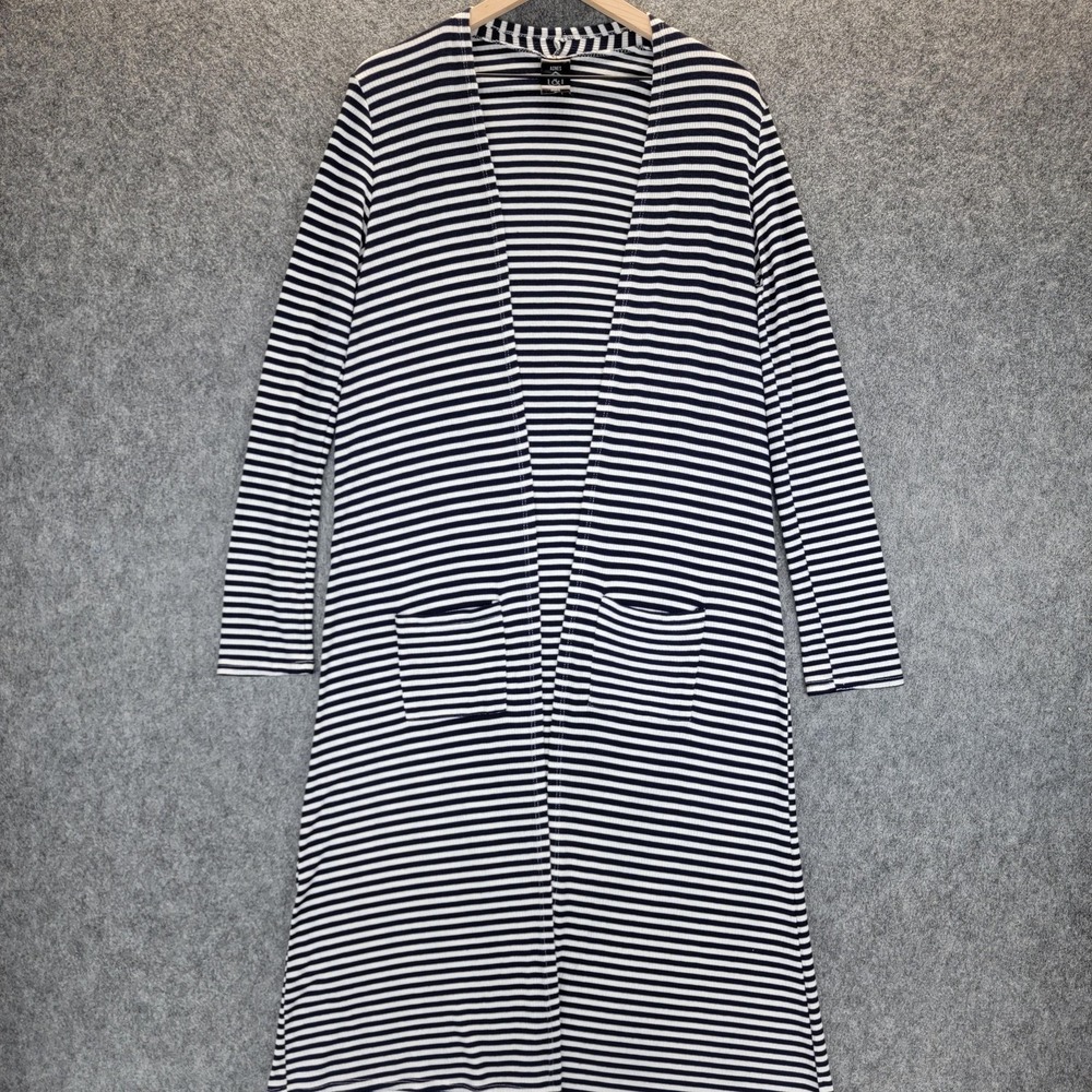 Agnes & Dora Cardigan Womens S Blue White Striped Open-Front Pockets Ribbed Knit